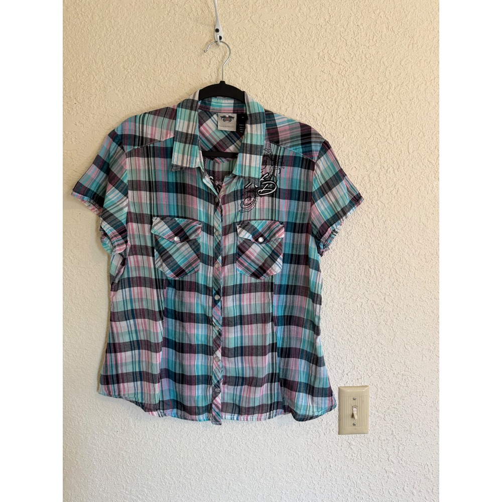 Harley Davidson Womens XL Plaid Short Sleeve Snap Front Shirt Embroidered Logo
